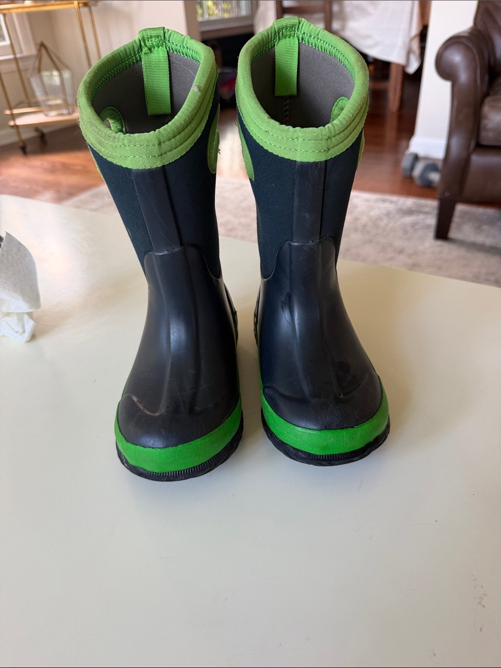 Bogs Kids Black and Bright Green Waterproof Rain Boots